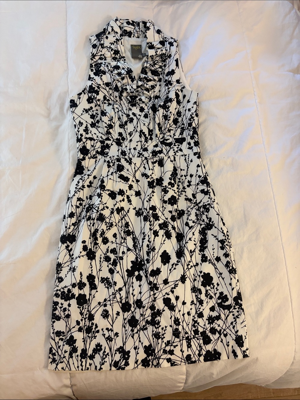 Taylor Black and White Floral Collared Sheath Dress